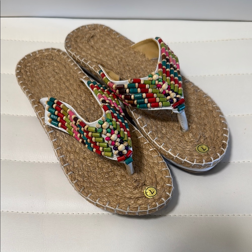 (NWOT) New without Tags-Vibrant Red and Green Slippers with Beaded Design